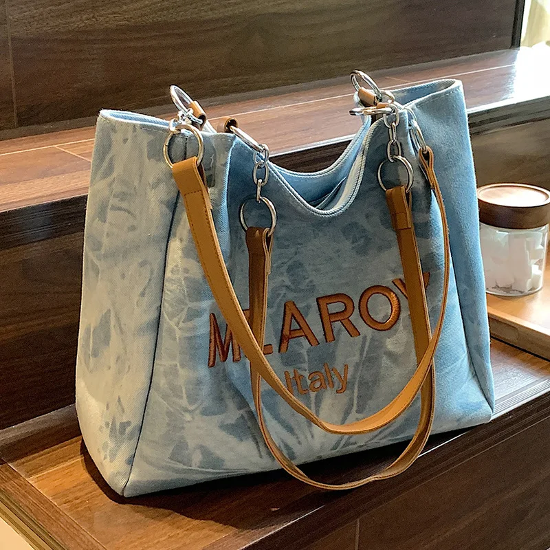 Tote Shoulder Bag Large Capacity Bags for Women Denim Shopping Storage Bags Trend All-match Soft Textile Summer Leisure Travel