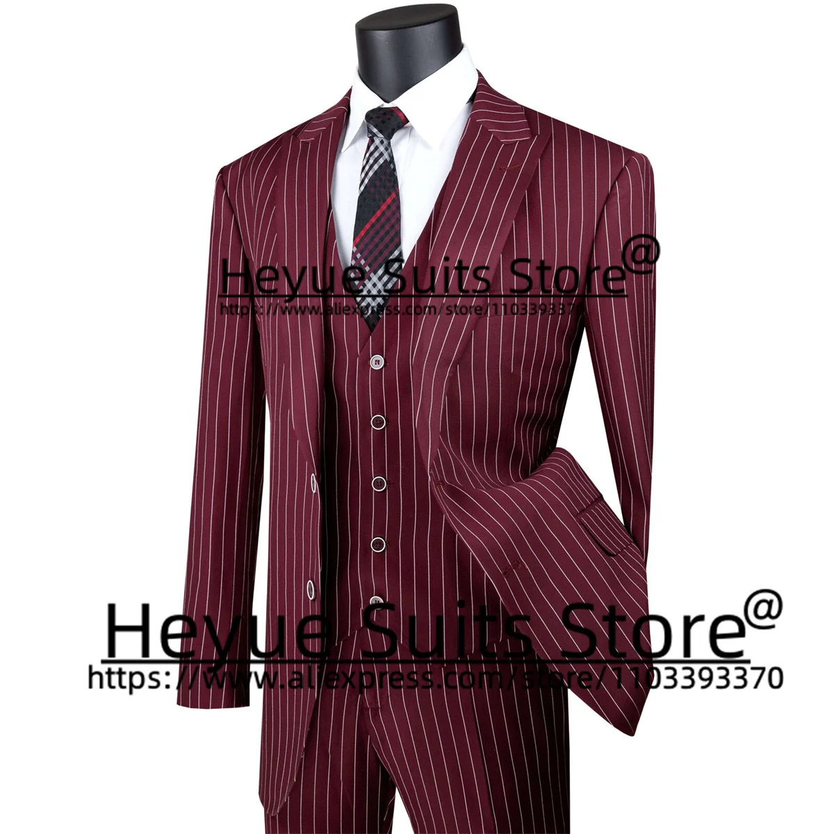 

Wine Red Stripe Wedding Suits For Men Slim Fit Peak Lapel Groom Tuxedos3Pcs Sets Business Male Blazer traje de hombre de vestir