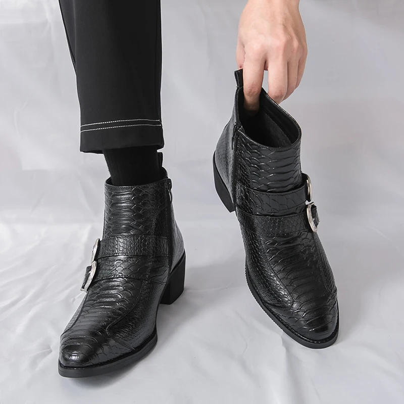 Men High Top Boots PU Belt Buckle Pointed Low Heel Fashionable Trendy Men Boots