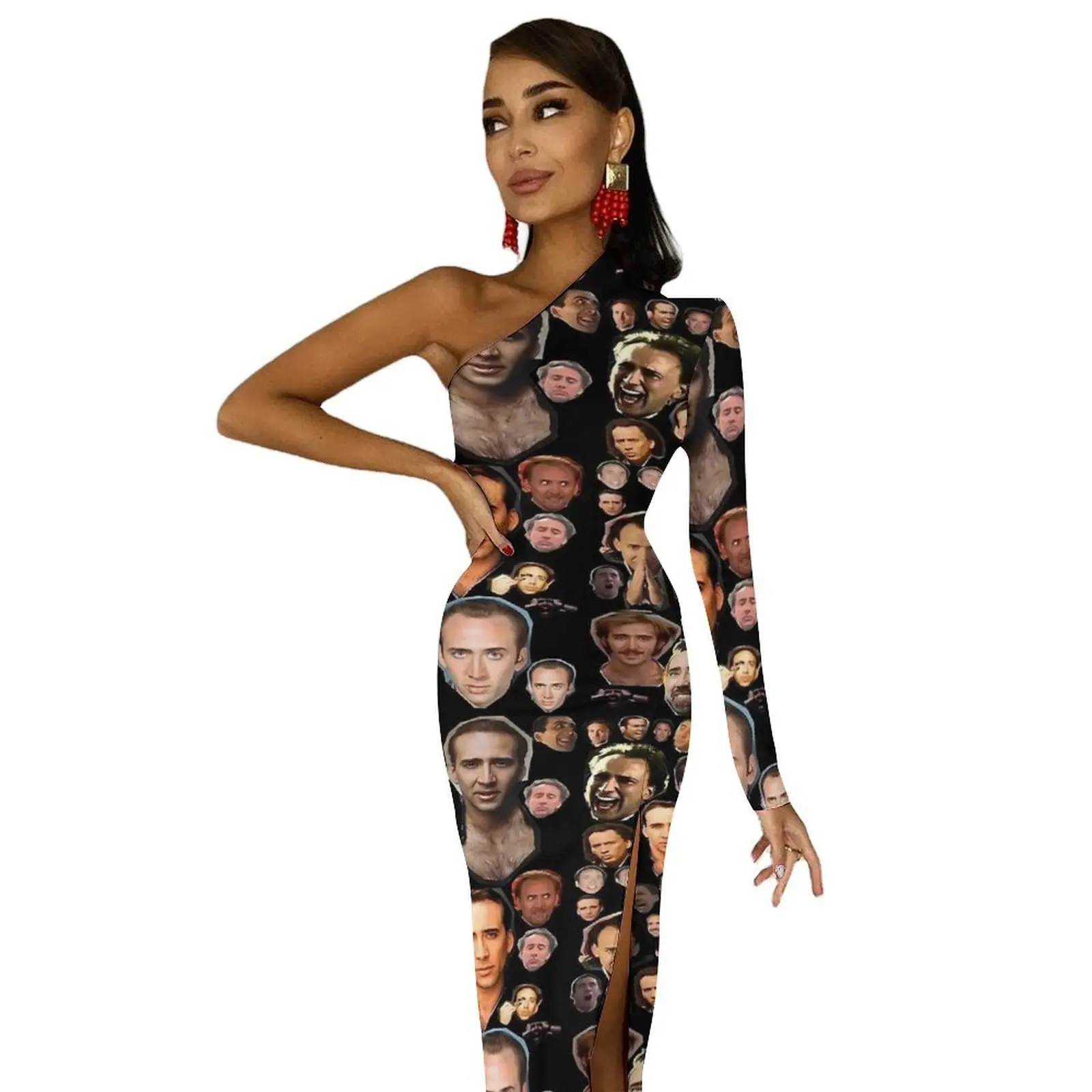 Nicholas Cage Faces Bodycon Dress Woman  Elegant Maxi Dress Long Sleeve Party Pattern Dresses Gift Idea