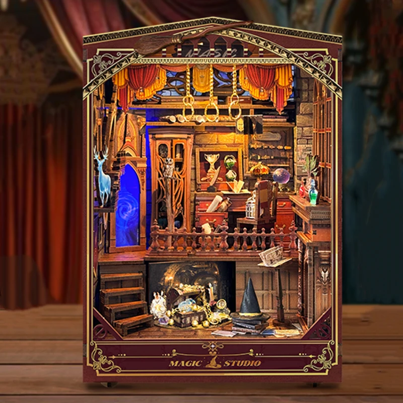 Diy livro nook prateleira inserir kits magia estúdio estante de madeira modelo em miniatura kit artesanal estante para amigos presentes aniversário