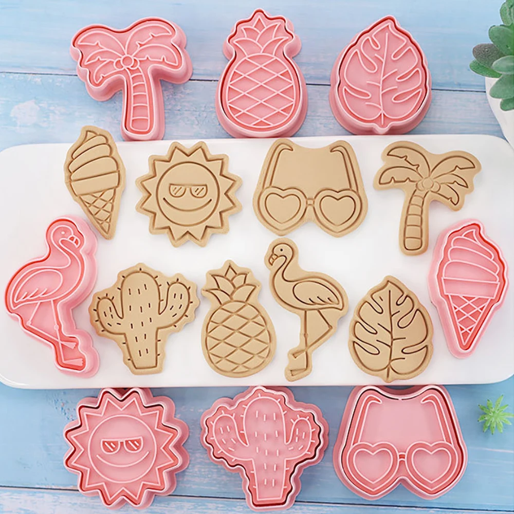 

8Pcs/set Cartoon Summer Beach Cookie Cutters Plastic Pressable Biscuit Mold Fondant Cookie Stamp Kitchen Pastry Baking Tools