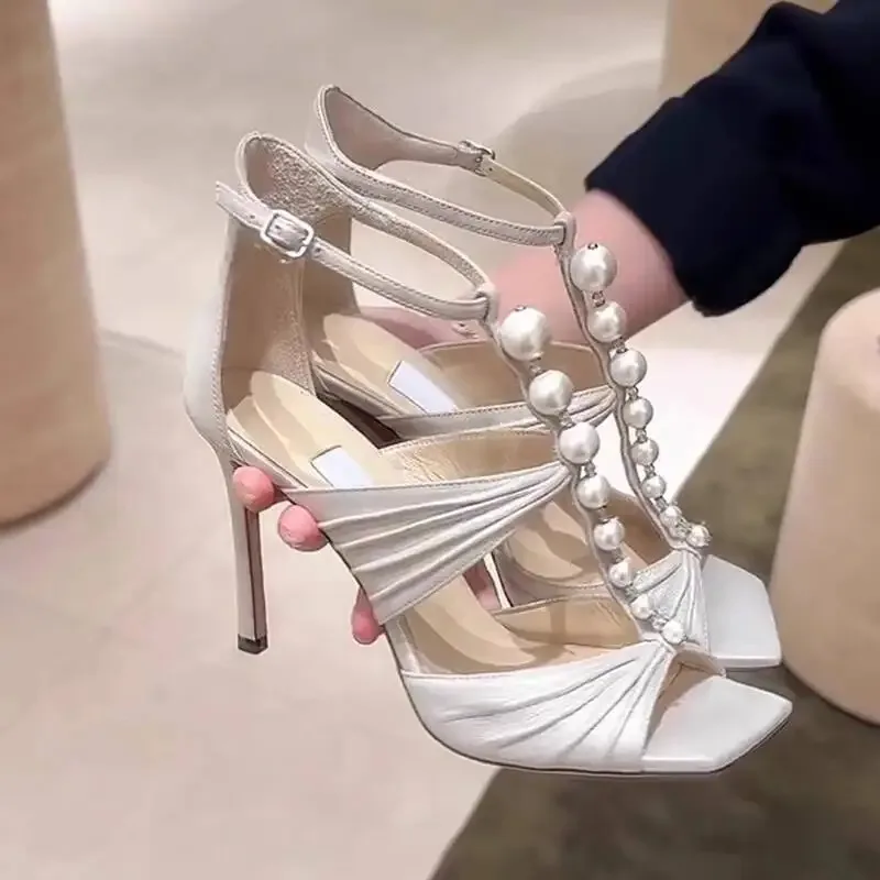 

Summer New One Belt Folded Finger High Heels French Pearl Crystal Sandals for Women
