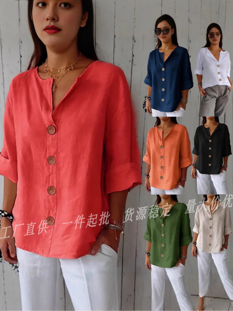 Women Linen Blend 3/4 Sleeve Blouse V Neck Button Front Loose Casual Solid Color Shirt Tops