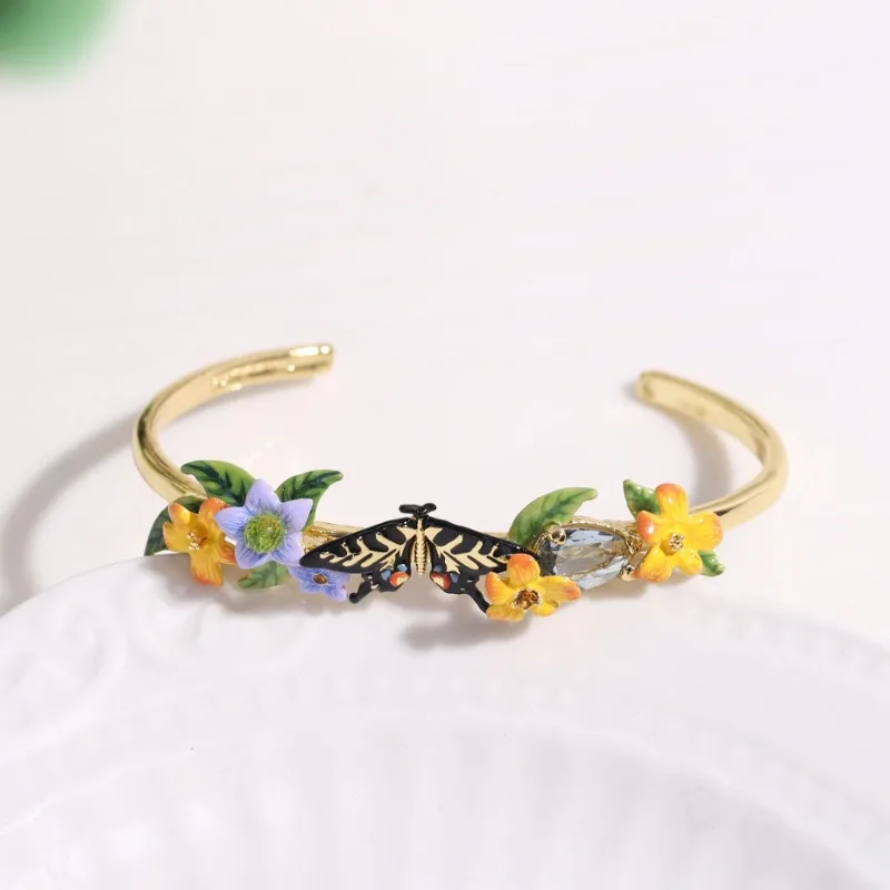 

Trend Spring New Style Black Butterfly Drip Oil Jasmine Flower Light Purple Flower Orange Yellow Flower Cubic Zircon Open Bangle