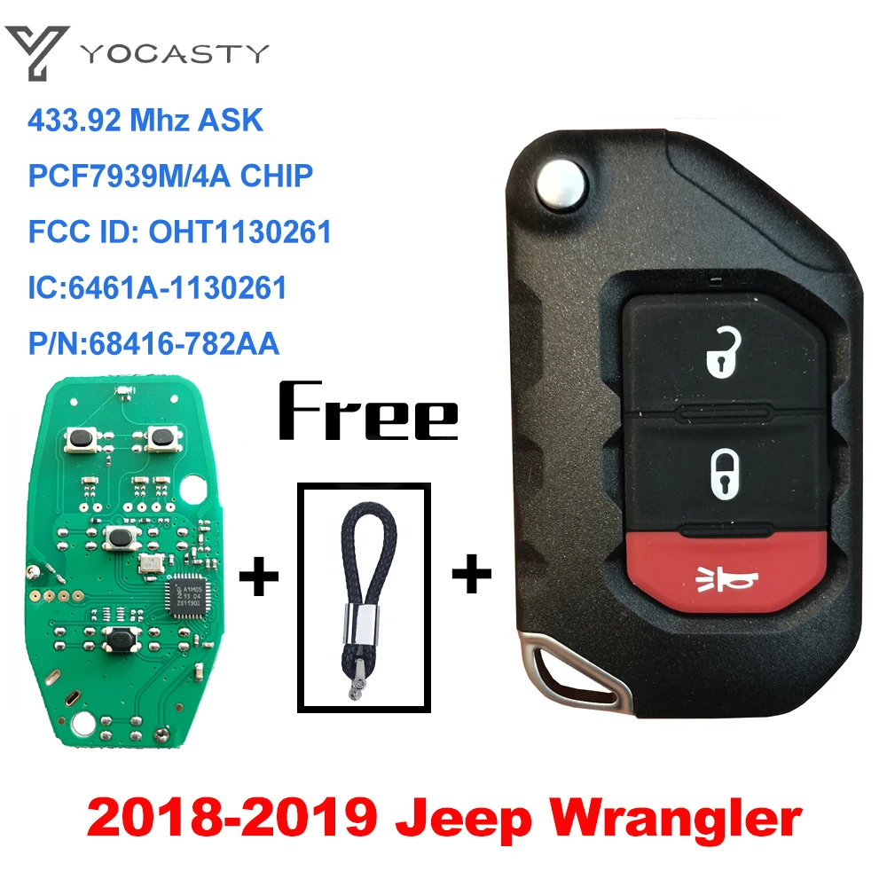 Chave esperta keyless 433mhz da aleta de yocasty oht1130261 68416-782aa 3btn com microplaqueta do oem pcf7939m para 2018 2019 jeep wrangler