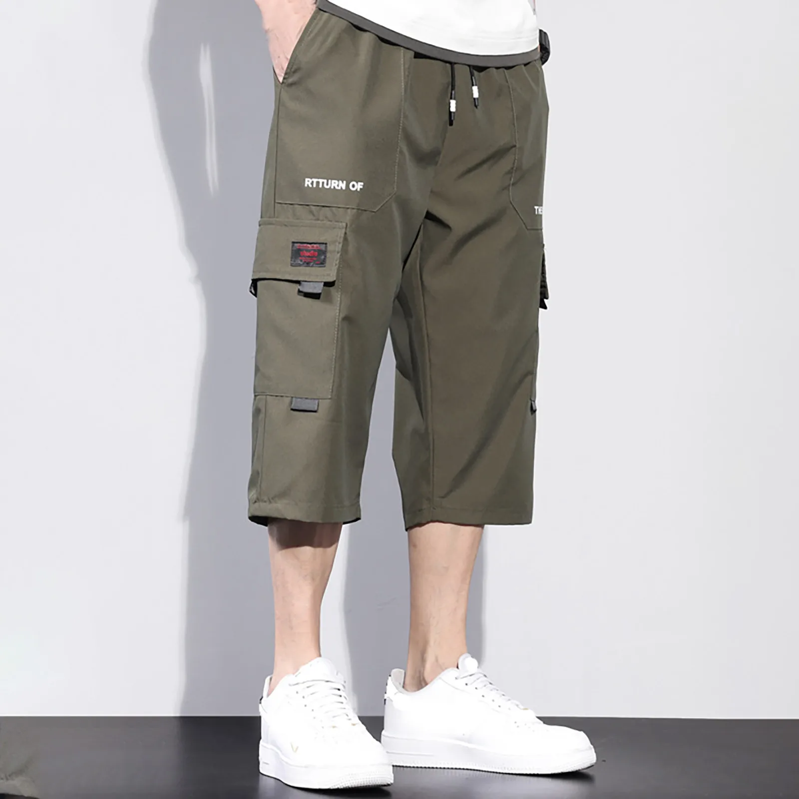 Multi Pocket Drawstring Straight Cargo Pants Men Solid Color Letter Printed Three Quarter Shorts Loose Casual Outdoor Shorts