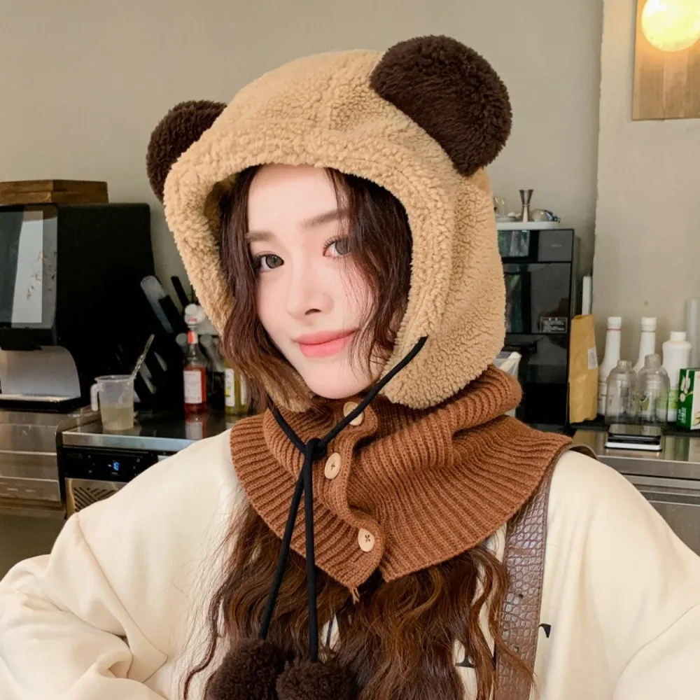 Korean Style Bear Ear Balaclava Hat Solid Color Scarf Winter Pullover Cap Ear Neck Protection Windproof Knit Hooded Hat Girls