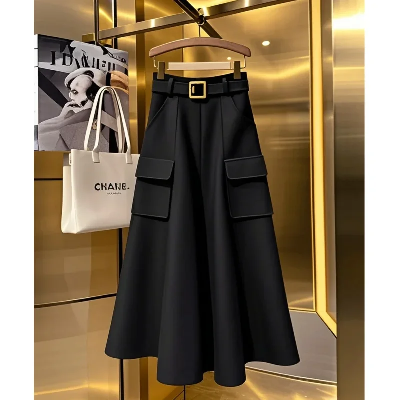 

New Autumn Fashion Office Lady Skirt Women High Waist Casual Loose Solid Color Office Lady Elegant Skirts A-line Black Jupe