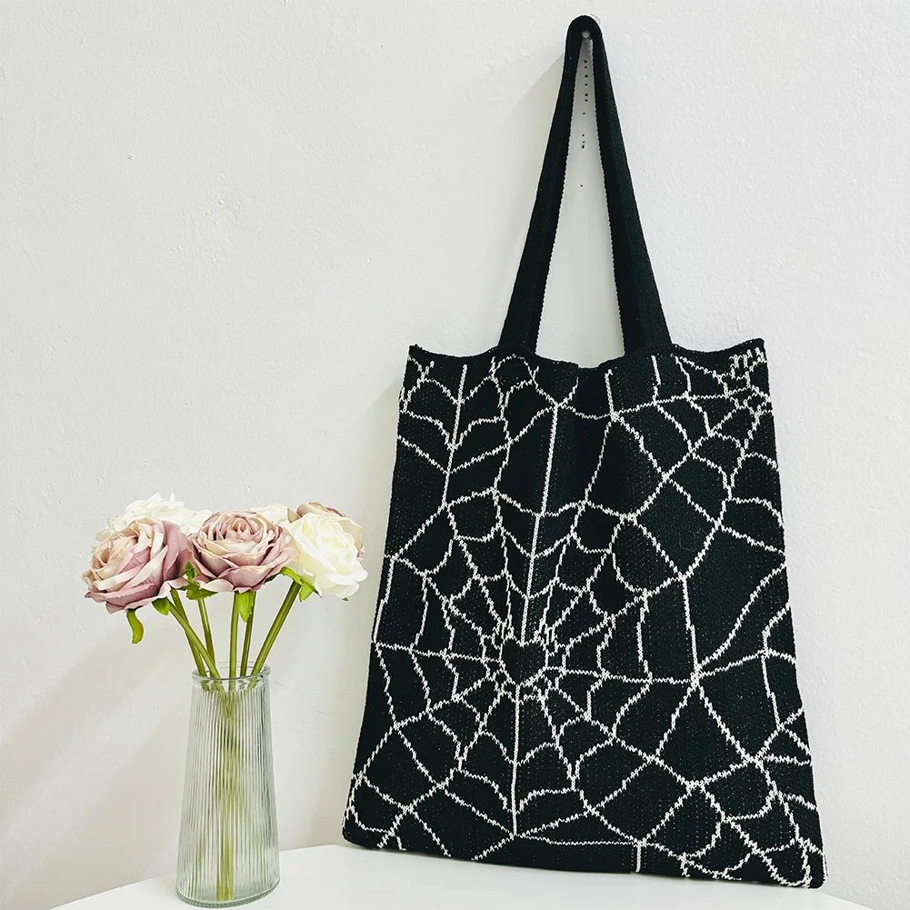 حقيبة حمل كروشيه للهالوين، حقيبة كتف ذات سعة كبيرة، حقيبة متماسكة، حقيبة بقالة، حقيبة تسوق