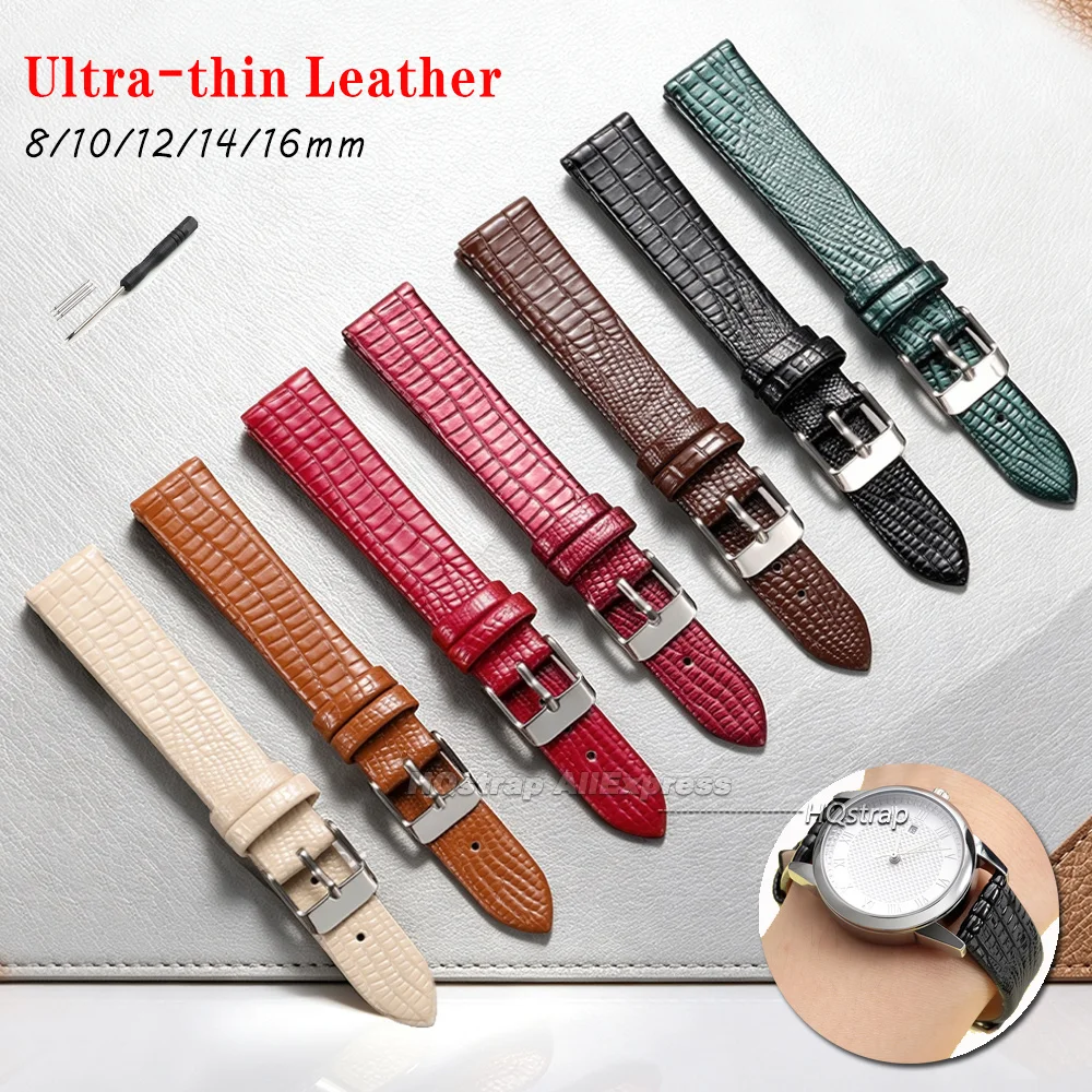 Ultra Slim Leather Watch Strap 8mm 10mm 12mm 14mm 16mm Universal Bracelet Lizard Patterned Women Sport Replacement Wrist Band