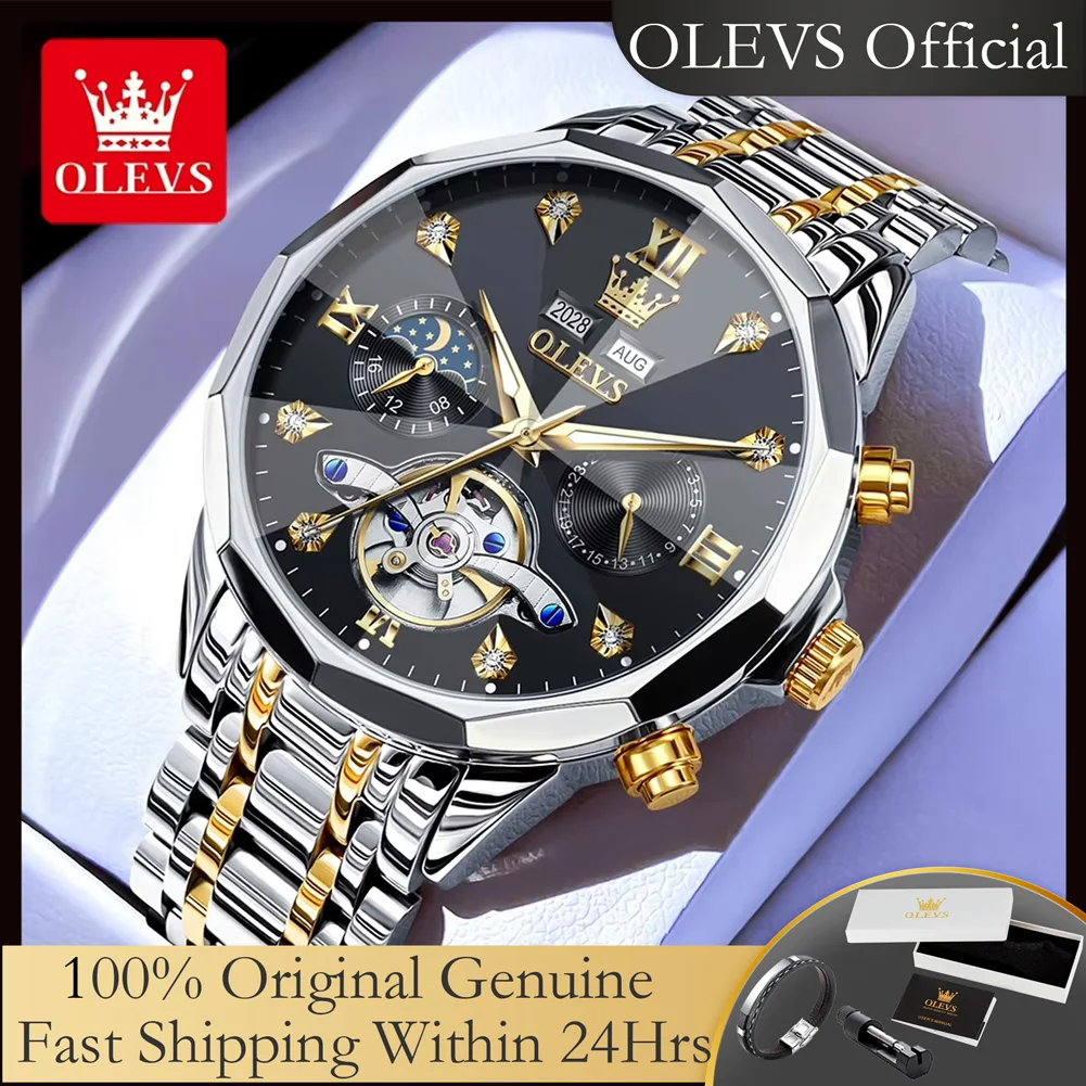OLEVS 6621 Luxury Man Watch Skeleton Flywheel Automatic Mechanical Men Wristwatch Moon Phase Calendar Luminous Waterproof Watch