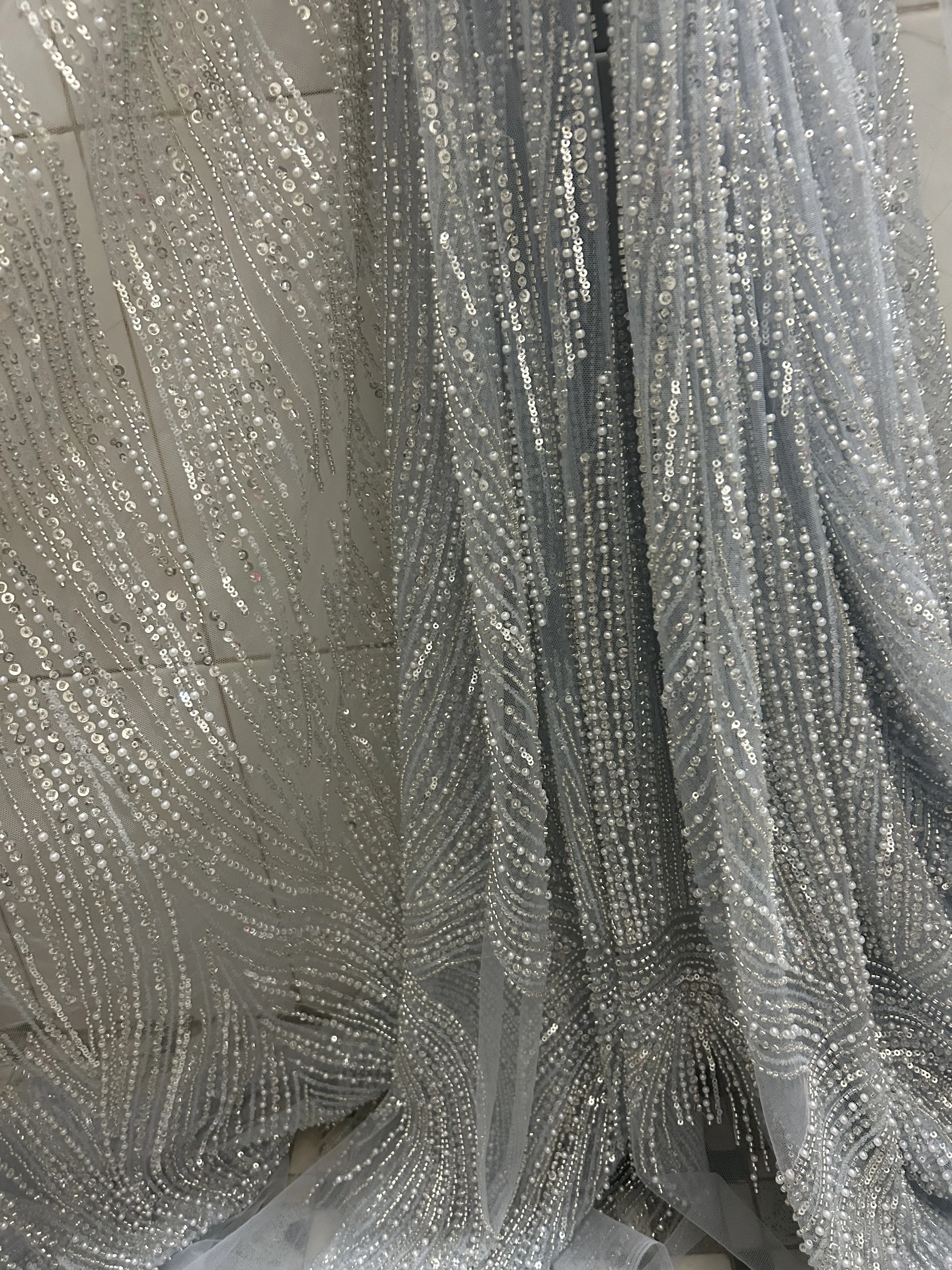 Light Blue Color Heavy French Nigerian Sequins Beads Lace Fabric 8-71001Embroidered Tulle for Wedding Lady Show or Party Dress