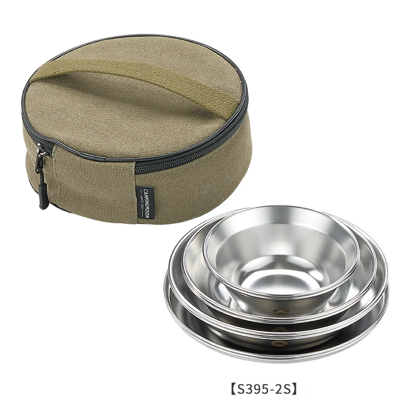 

Outdoor Stainless Steel Dining Plate Set of Eight Camping Bowls Set with Anti Drop Soup Rice Bowls and Storage Bag Tableware New