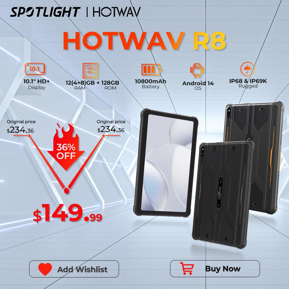 HOTWAV R8 Robuuste Tablet 10800mAh Enorme Batterij Android 14 Pad 10.1 ''HD + Display 4GB 128GB 13MP Camera Global 4G Tablet PC