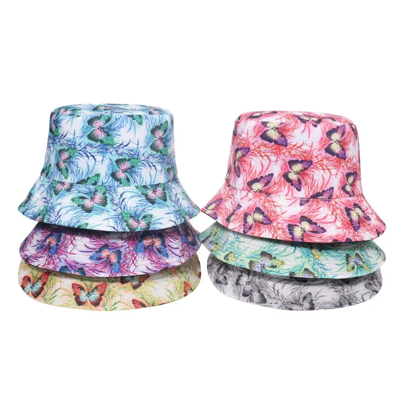 Cotton Cartoon Butterfly Print Bucket Hat Fisherman Hat Outdoor Travel Hat Sun Cap Hats for Men and Women 360