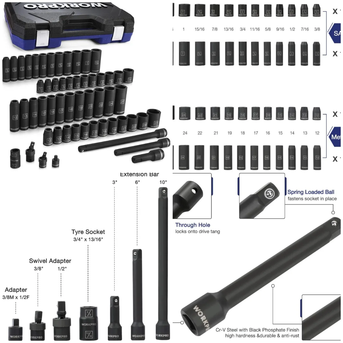 

Набор ударных головок с приводом 1/2 дюйма, 55 предметов, SAE и метрическая, сталь Cr-V, с удлинителями и футляром для хранения