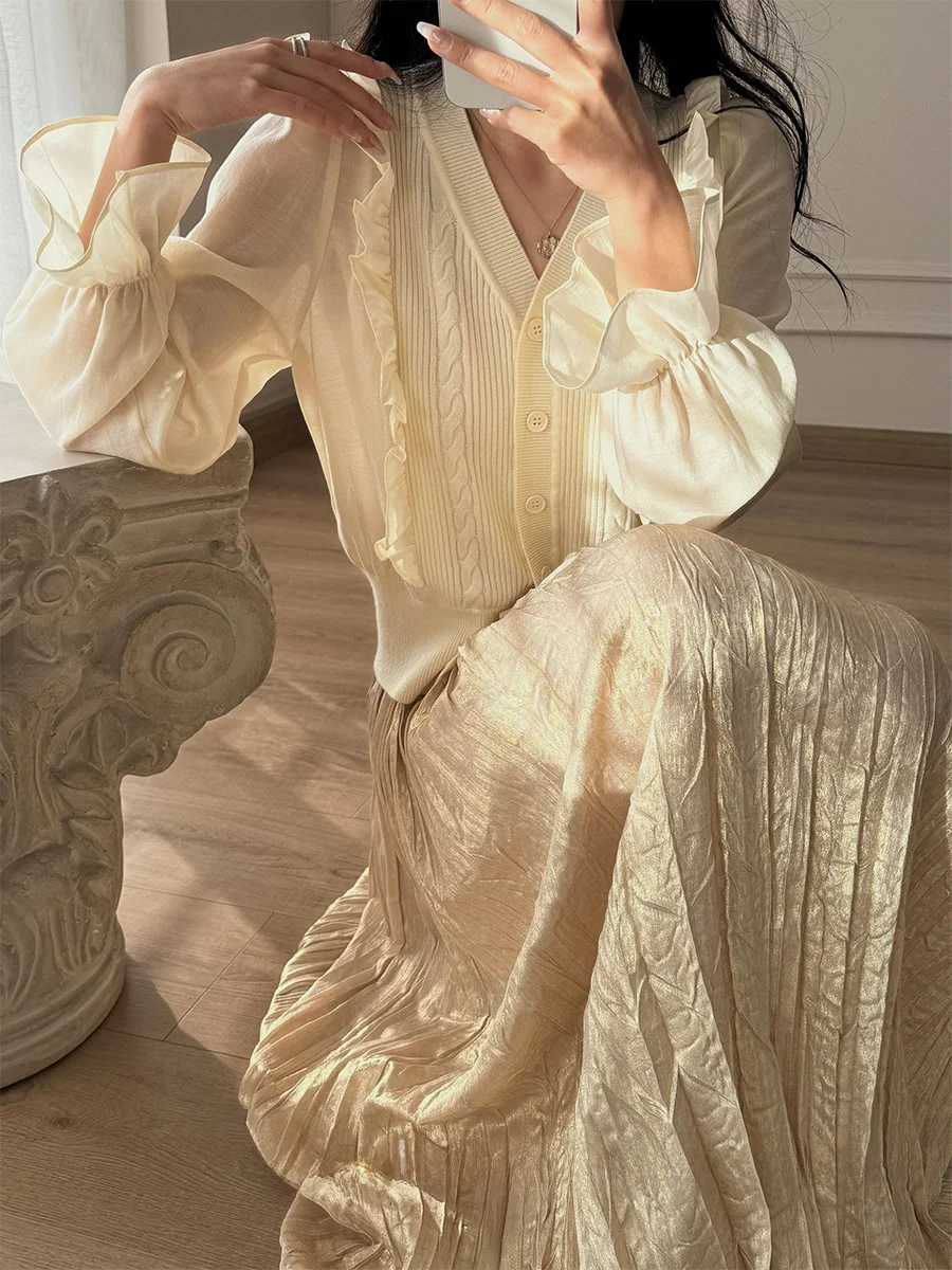 

Kiki White Island Gentle Wind Knitted Open Cardigan Women's Loose Top Spring Long Sve V-ne Color Commute Sle