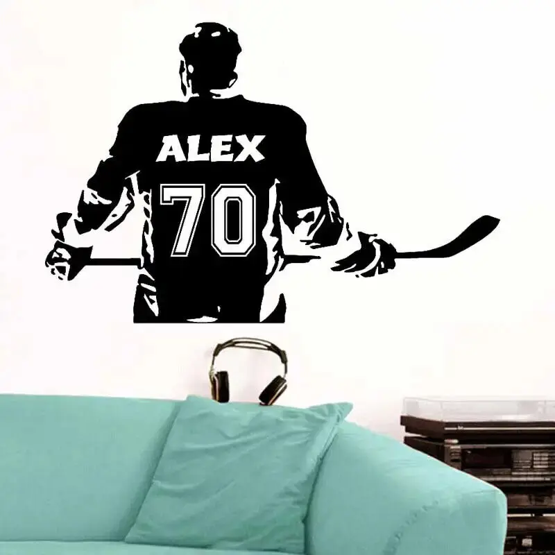 Gifts for Boys Personalized Custom Name Number Hockey Player Vinyl Wall Decal Hockey Competitive Sports Boy Room Decal Mural 8