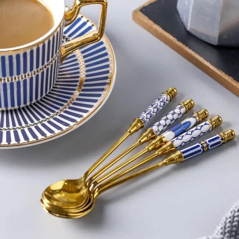 LUXURY Golden Dessert Spoon Ceramic Handle Coffee Milk Stirring Spoon Ice Cream Teaspoon Stainless Steel Mixing Spoon