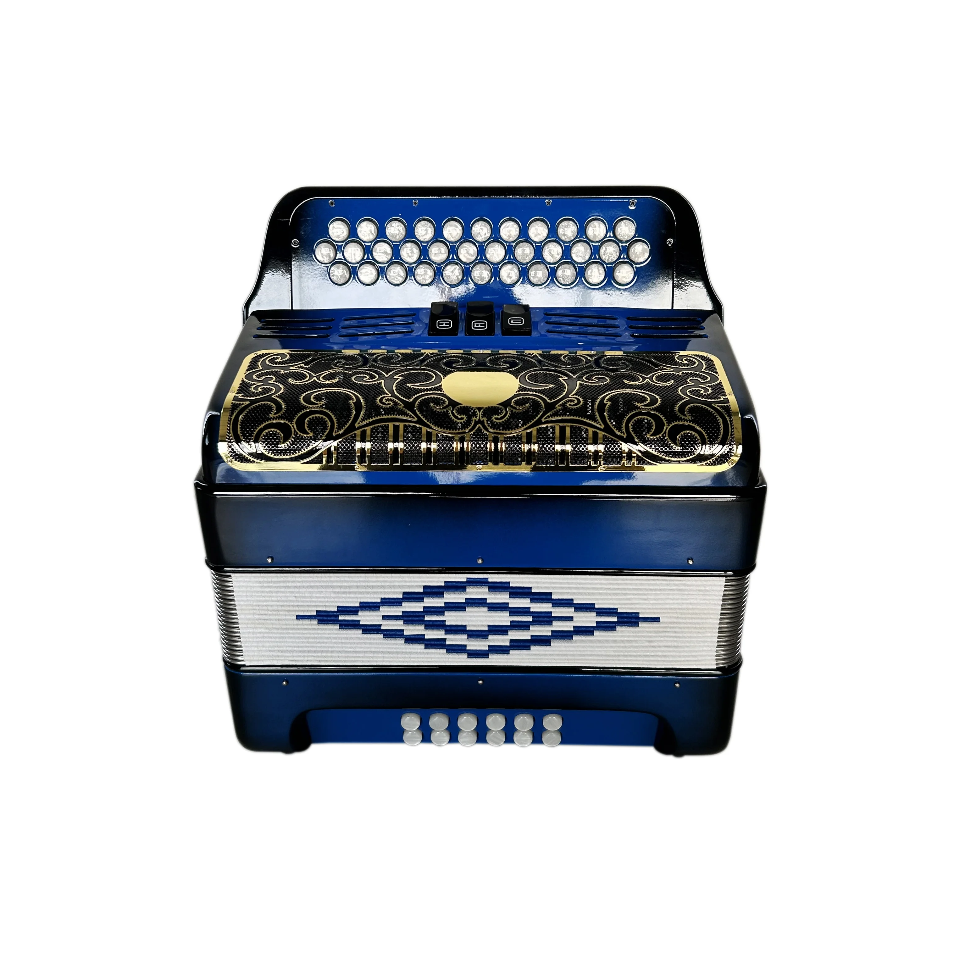Diatonic Accordion 34-Button 12-Bass 3-Register JB3412C Blue Black Body White Buttons With Gold Grill Made Of Wood