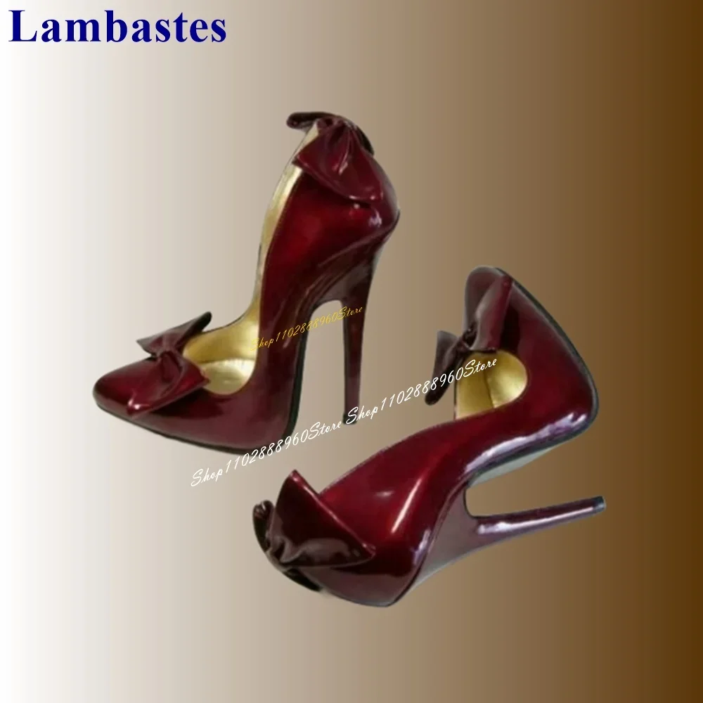 

Burgundy Glossy Leather Bowknot Pumps Stilettos High Heel Women Shoes Slip On Pointed Toe Gogerous Style Banquet Women Pumps