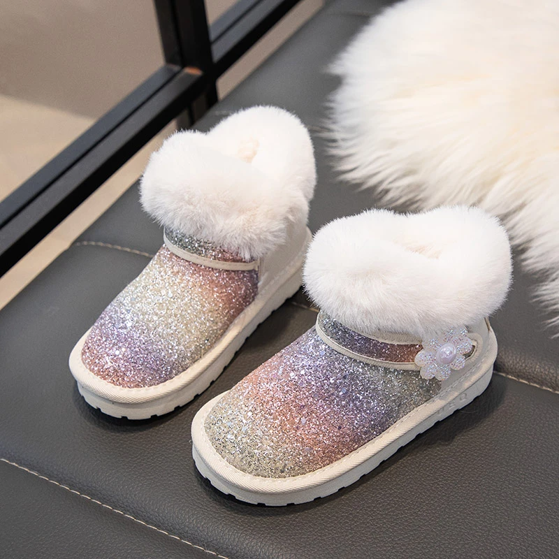 Toddler Girls Glitter Gradient Winter Snow Boots, Fluffy Plush Collar Pearl Flower Decoration Warm Anti‑Slip Kids Boots