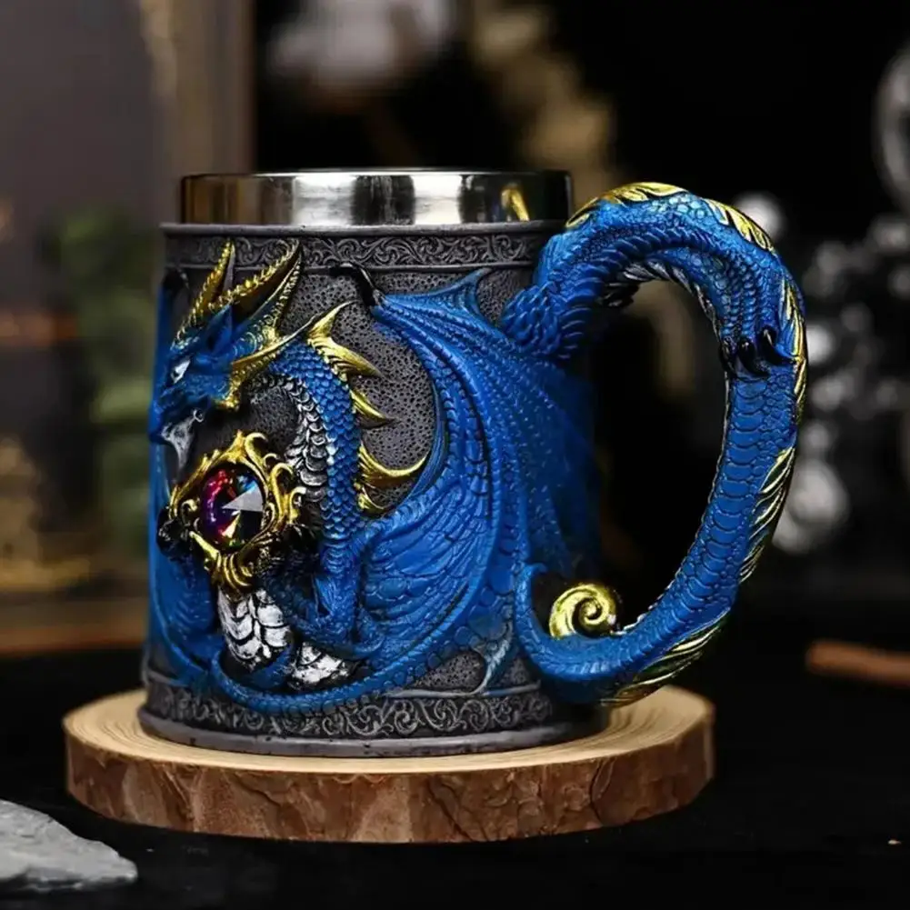 600ml Dragon Guardian Mug Resin Stainless Steel Beer Mug Retro Tankard Coffee Cup Tea Tumbler for Bar Accessory