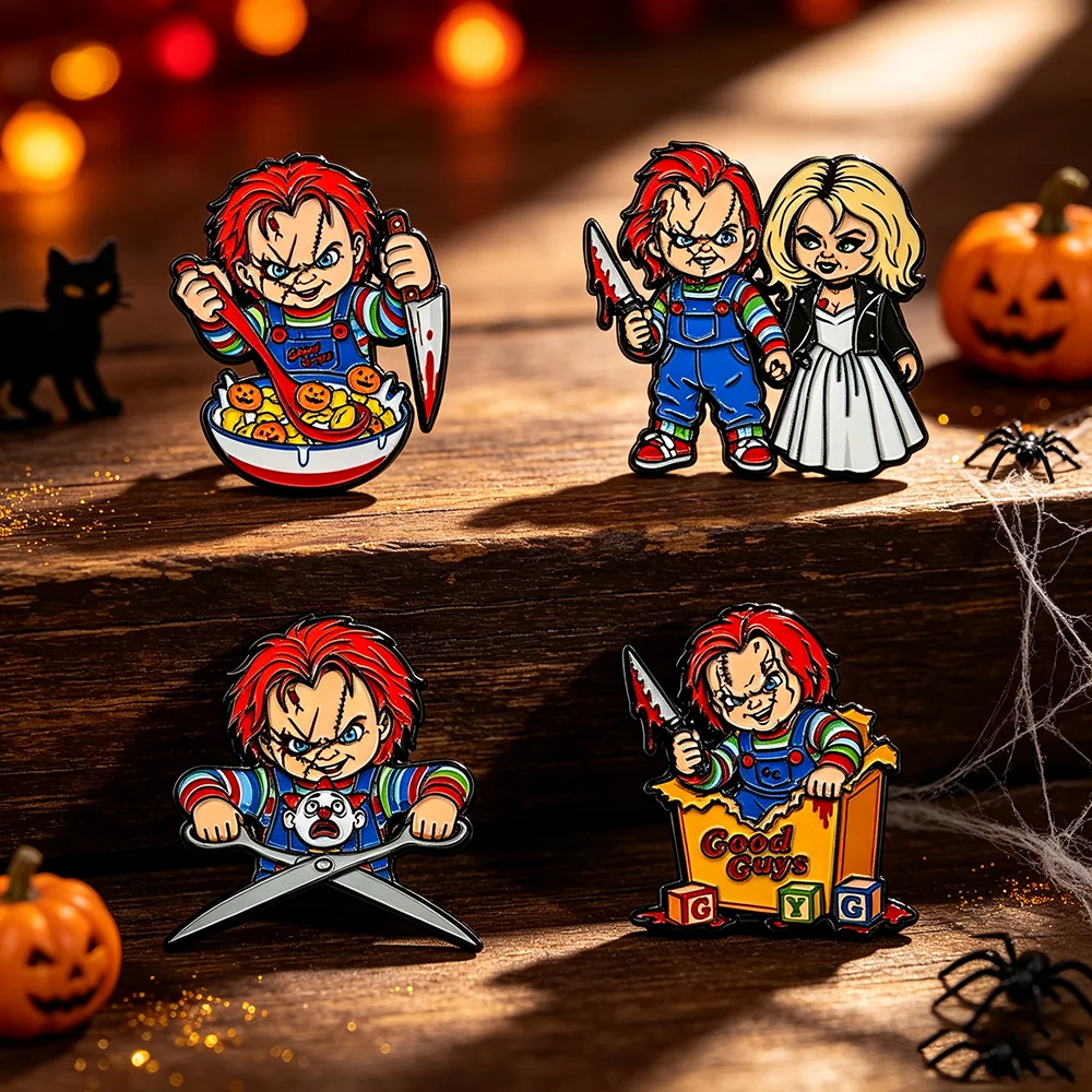 Horror Character Enamel Pins Set 4PCS, Spooky Cartoon Character Brooches, Halloween Lapel Badges Punk Backpack Jewelry Gifts