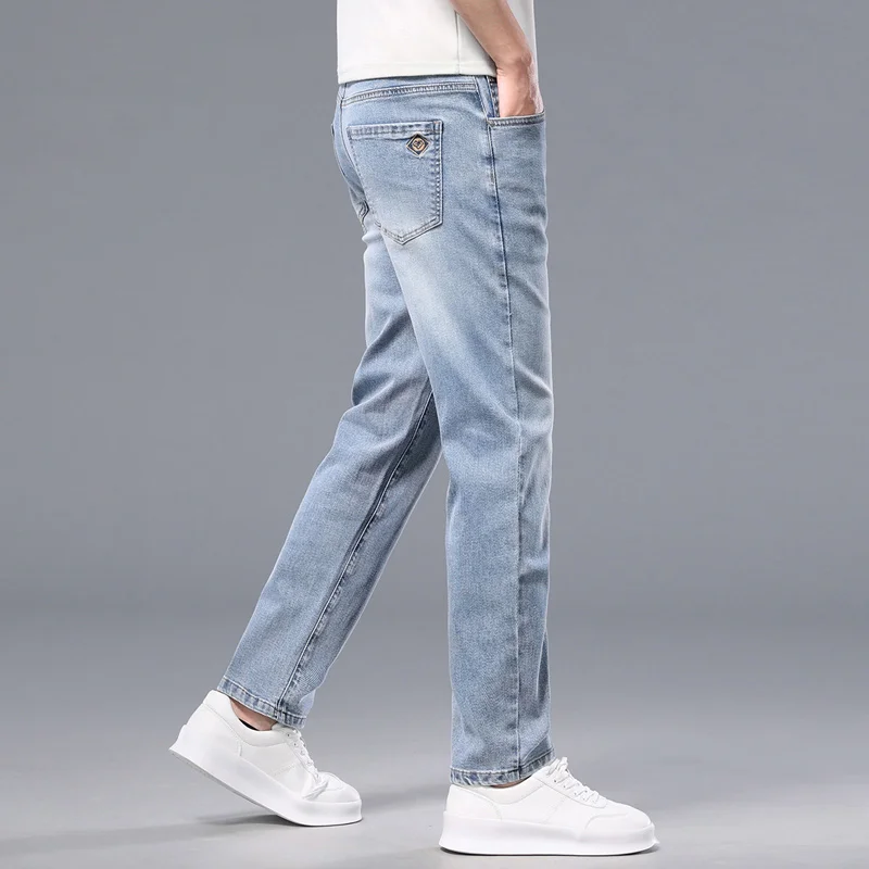 

Летние брендовые мужские прямые легкие хлопковые эластичные джинсы, деловые повседневные тонкие светло-серые джинсы, мужские брюки