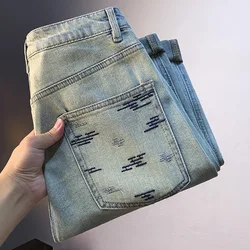 Retro American Jeans Men's Summer Light Blue Thin Micro Harem Trousers Twill Cotton Stretch Casual High-End Men's Clothing
