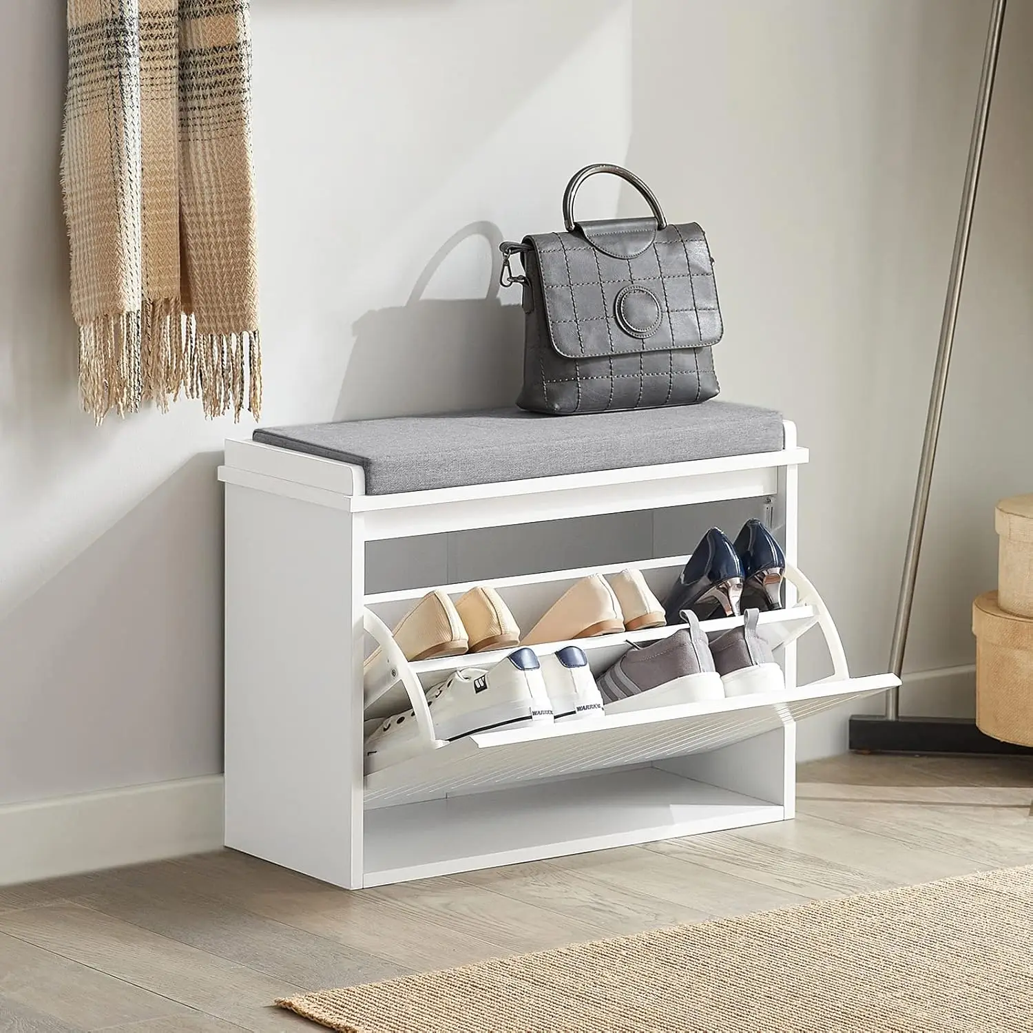 

Small Shoe Storage Bench Ottoman with Removable Cushion 2 Flip Drawers Entryway Bedroom White, Customized
