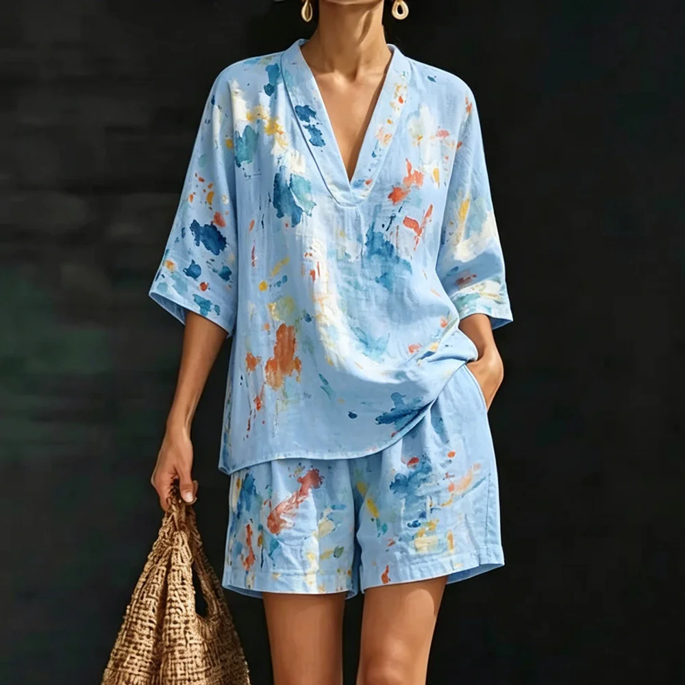

Women's Summer Casual Faux Oil Painting Print Two-Piece Set V-Neck Short Sleeve Top with Matching Shorts Fashion Versatile Set