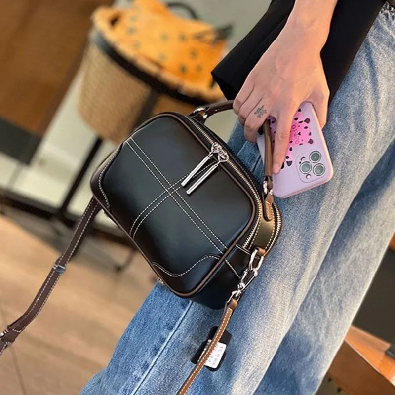 Genuine Leather Women's Bag New Fashion Cowhide Apple Bag Large Capacity Handheld One Shoulder Crossbody Small Square Bag