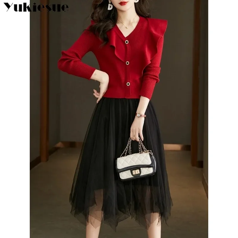 Frauen V-ausschnitt Spitze Taste Langarm Gestricktes Hemd Schlank Mesh Rock Solide 2023 Herbst Winter Zwei Stück Set Kleid Design sinn