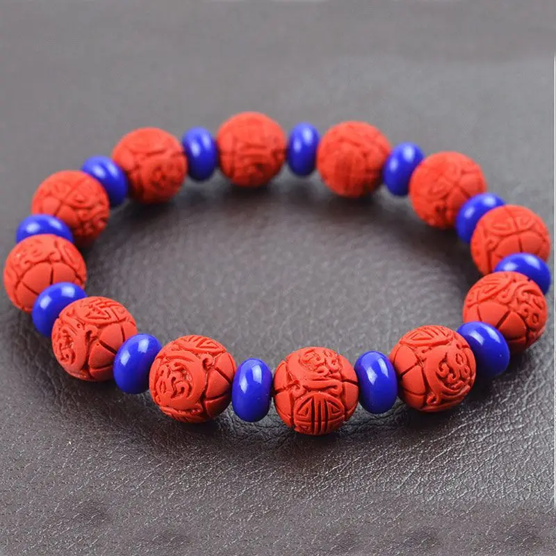 Natural Cinnabar Zodiac Dragon Bracelet Men's and Women's Gu Long Beads with Spacer Beads about 12mm