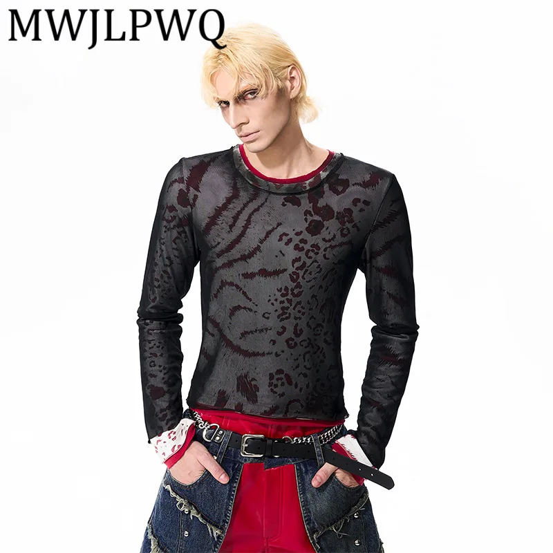 

MWJLPWQ сетчатая лоскутная футболка с леопардовым принтом и длинными рукавами для мужчин, осенние нишевые двухсекционные дизайнерские многослойные мужские базовые топы 12125