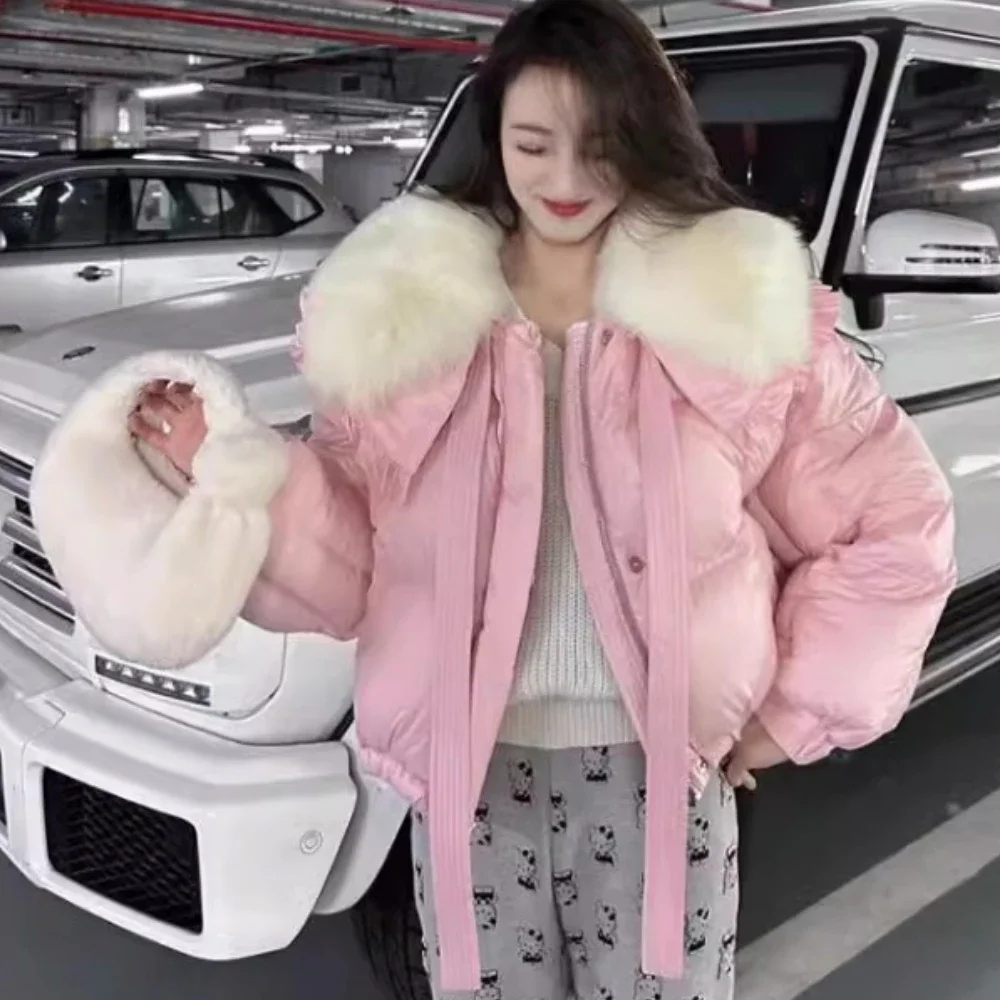 

2025 Fashion Casual New Winter Real Fox Fur Collar Women Short Loose Warm Down Coat Female Office Lady White Duck Down Coat