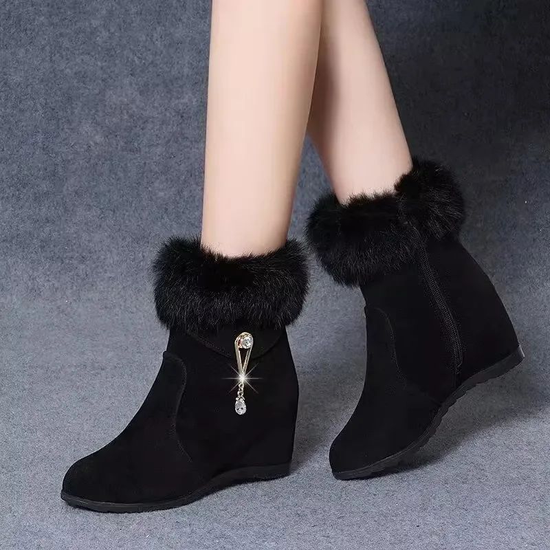Women's Wedges Ankle Boots Internal Height Increasing Casual Boots Luxury Rhinestone Zip Boots for Women Plush Warm Winter Botas