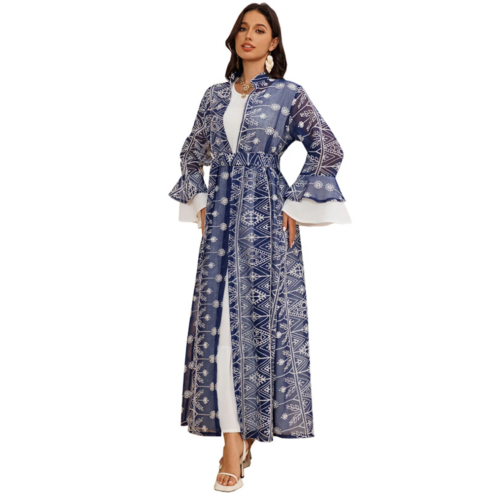 Dubai Flared Sleeve Elegant Long Dress, Embroidered Robe And Cardigan Two-piece Set