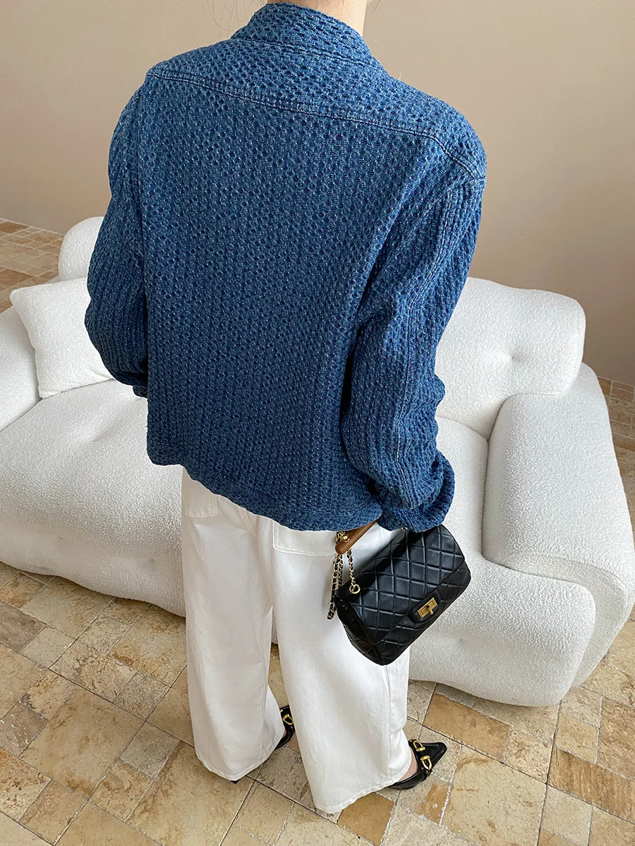 سترة نسائية كاجوال للخريف والشتاء بلون سادة وياقة واقفة وأكمام طويلة فضفاضة من قماش الدنيم