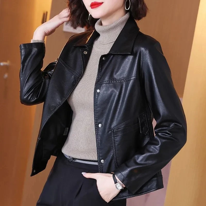 Autumn Winter Black PU Leather Coat Women Korean Fasgion Motorcycle Jacket High End Casual All-Match Faux Leather Overcoat 5XL