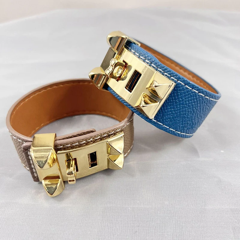 Top Quality 10 Colors Single Layer Leather Circle Gold Plated Rivet Stainless Steel Bracelet For Women Brand Element Jewelry