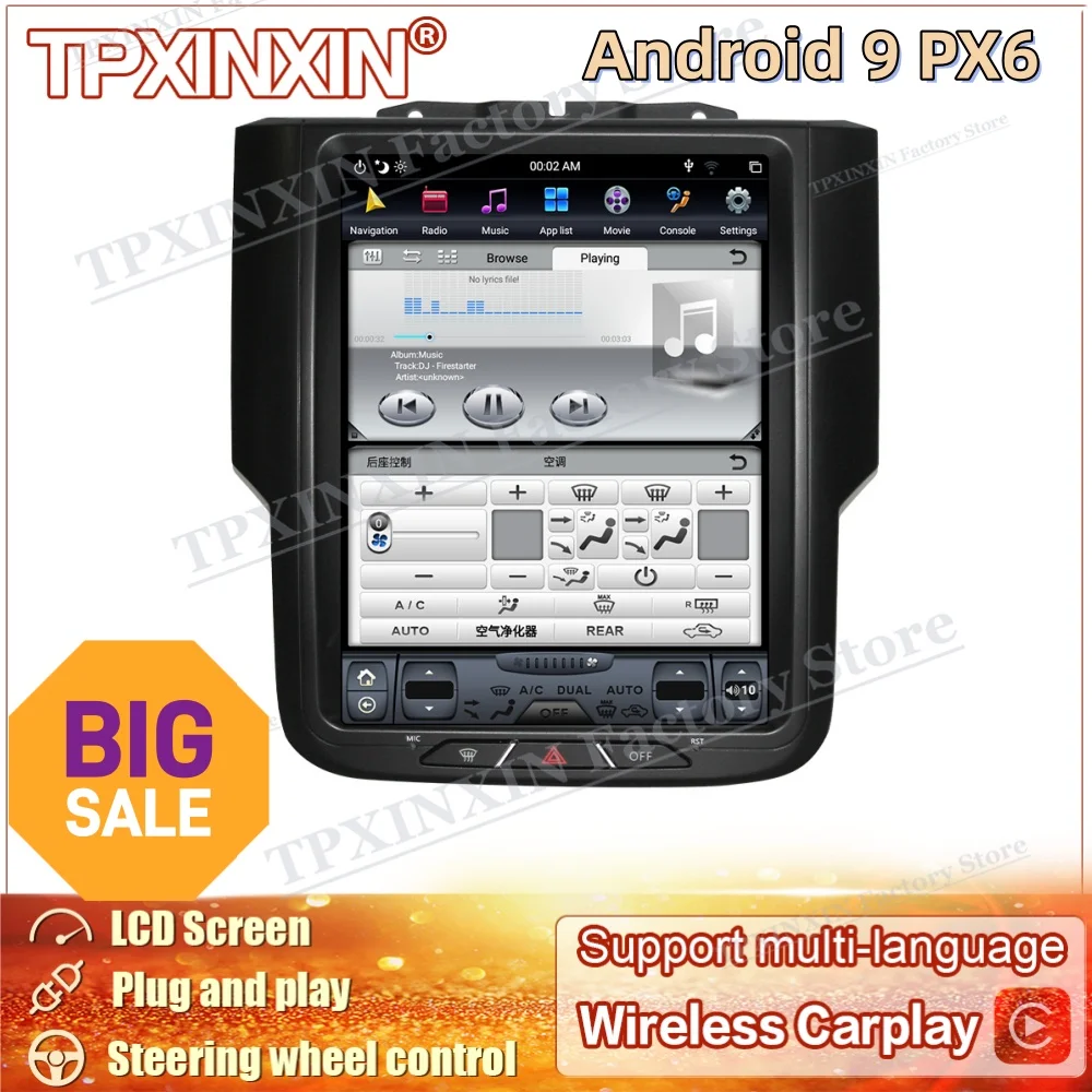 15 Inch PX6 Android 9 Multimedia For Dodge RAM 1500 2014~2018 GPS Navigation Audio Radio Stereo Receiver Player IPS Head Unit