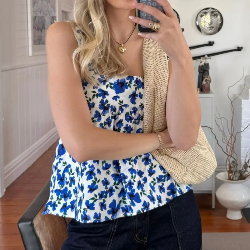 Women Y2k Striped Ruffle Hem Peplum Tank Tops Sleeveless Plaid Tie Back Crop Top Gingham Camisole Square Neck Backless Vest