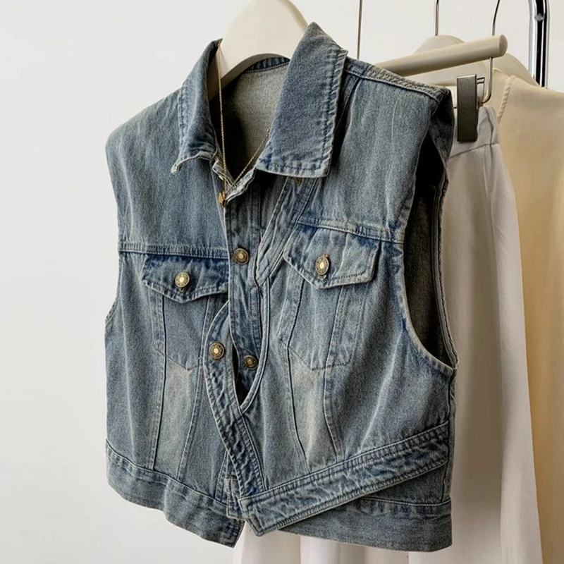 

GIDYQ 3D Vintage Irregular Sleeveless Denim Vest Women Korean Fashion Causal Chic Loose Outwear Sweet All Match Short Vest Top