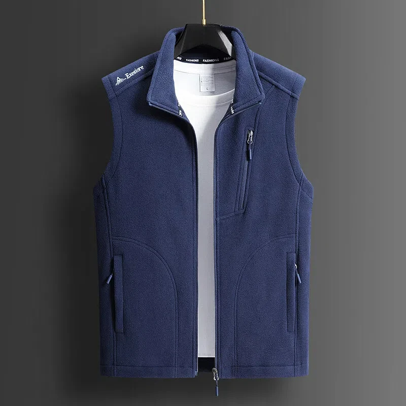 Men\'s Clothing Trendy Spring Autumn High-neck Zipper Cardigan Sleeveless Solid Color Pockets Casual Coats Preppy Style Tops