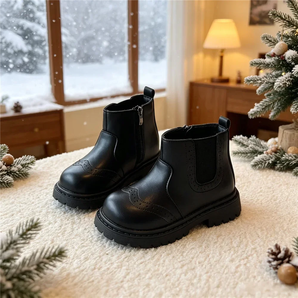 Toddler Kids Fleece Lined Ankle Boots, Side Zipper Warm Winter Shoes, Non Slip Thick Brogue Short Boots for Daily Outdoor