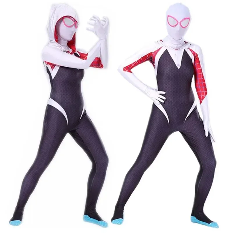 SN55Kids العنكبوت جوين تأثيري خارقة ارتداءها Gwendolyn ماكسين ستايسي ثلاثية الأبعاد Zentai هالوين لعب الأدوار زي مقنع قناع Ju @ 54WE