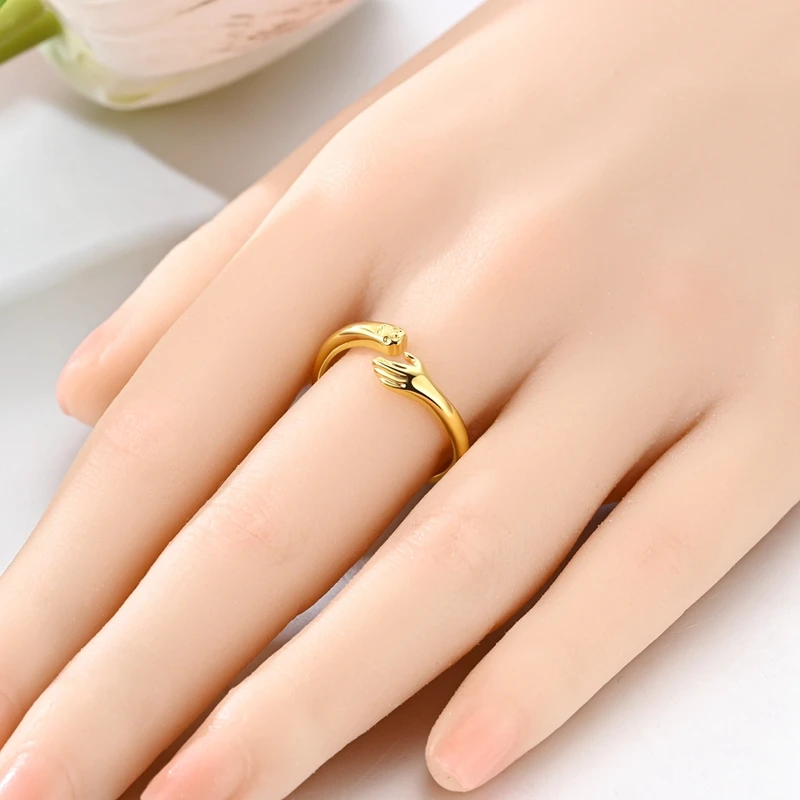 Real S925 Sterling Silver Gold Plated Hug Pet Hand Open Rings Simple Silver Ring For Women Party Jewelry Anniversary Fine Gift